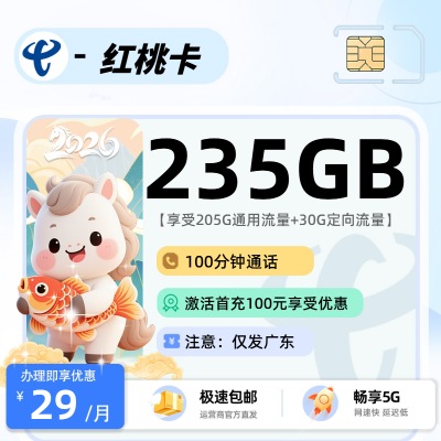 电信红桃卡29元235G+100分钟，广东专属首月免费大流量卡